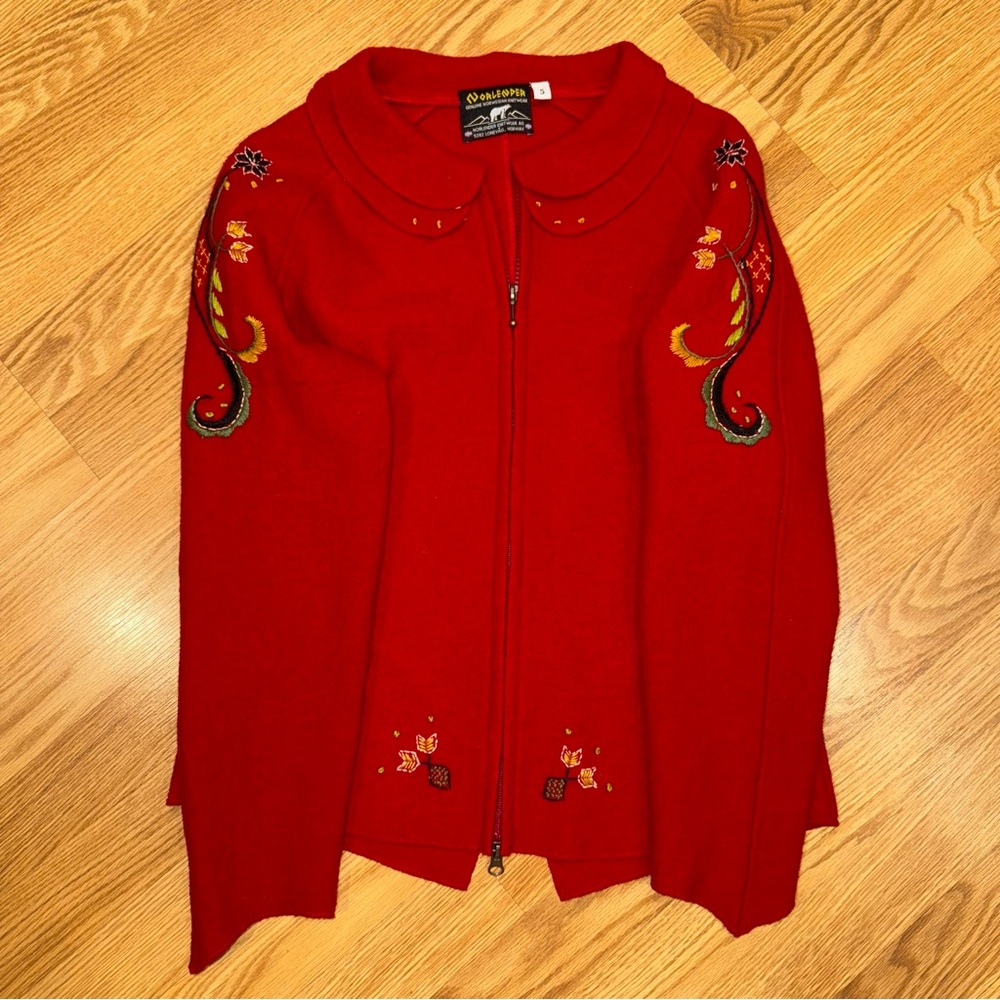 Norlender Red Felted Wool Embroidered Zip-Up‎ Cardigan